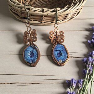 Copper Wire Wrapped Blue Geode Stone Earrings Handmade Boho Dangle Hook Jewelry